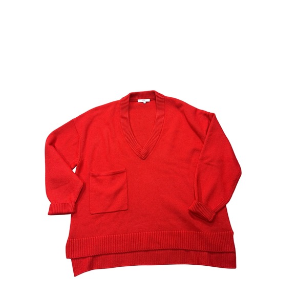 Tibi Cashmere Ribbon Red Orange  V-Neck Pocket Oversized Sweater M/L Knit Cozy‎ - Picture 2 of 15